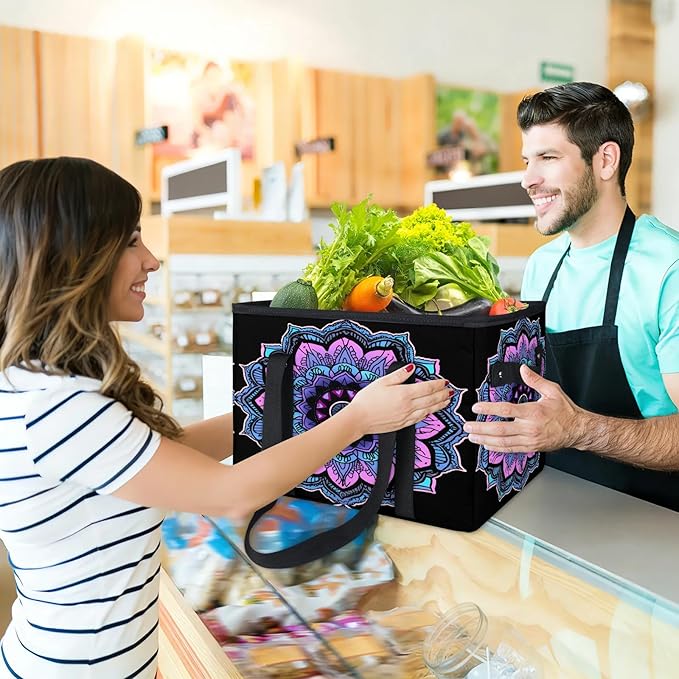 Reusable Grocery Bags Heavy Duty Shopping Bags Foldable Large Tote Bags with Long Handles & Hard Bottom