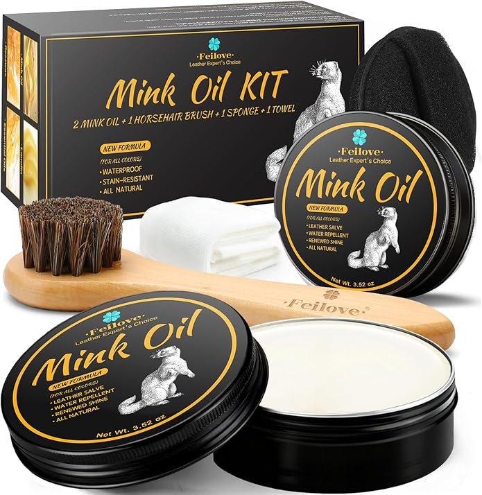 Feilove 4-in-1 Mink Oil Leather Conditioner and Cleaner 3.52 oz - Premium Waterproof Formula for Boots and Shoes