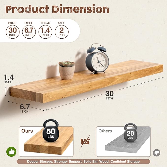 fuqing Floating Shelves for Wall, 30 inch Rustic Solid Elm Wood Floating Shelves, Wooden Wall Shelves with Invisible Heavy Du
