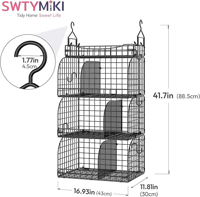 SWTYMIKI Hanging Closet Organizer Storage - 4 Tier Metal Stackable Hanging Closet Shelves with Dividers and S Hooks, Foldable