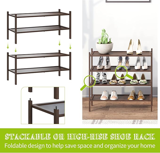 BMOSU 2-Tier Bamboo Shoe Rack Premium Stackable Shoe Shelf Storage Organizer for Hallway Closet Living Room Entryway Organize
