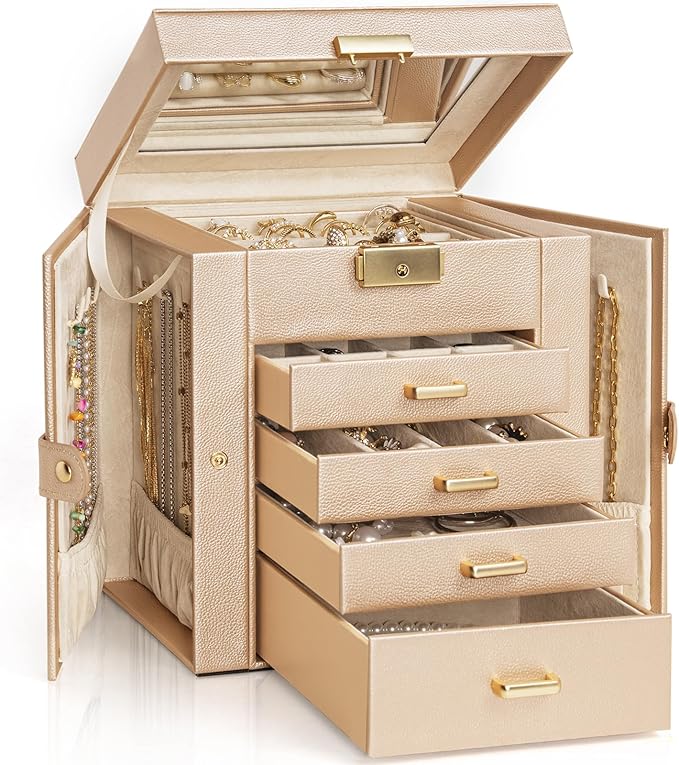 AKOZLIN 5-Tier Jewelry Box Leather Jewelry Storage Organizer with 4 Drawers Lockable for Women Girls Ring Necklace Earring Br