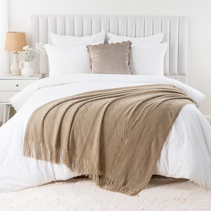 BATTILO HOME Tan Throw Blanket for Bed, Boho Decorative Couch, Taupe Home Decor, 50"x60"