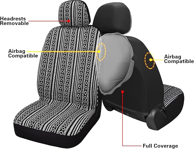 Pariitadin Baja Saddle Blanket Car Seat Covers Full Set with Seat Belt Pads, Washable Breathable Striped Woven Cloth Seat Cov