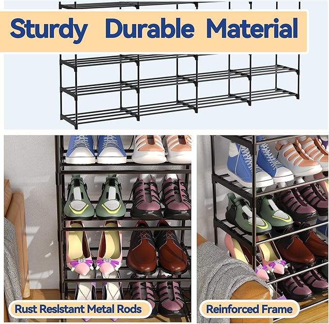 Large Shoe Rack Organizer, 4-Row 8-Tier Tall Shoe Storage Shelf for Closet, Entryway, Garage, Metal Free Standing Shoe Holder