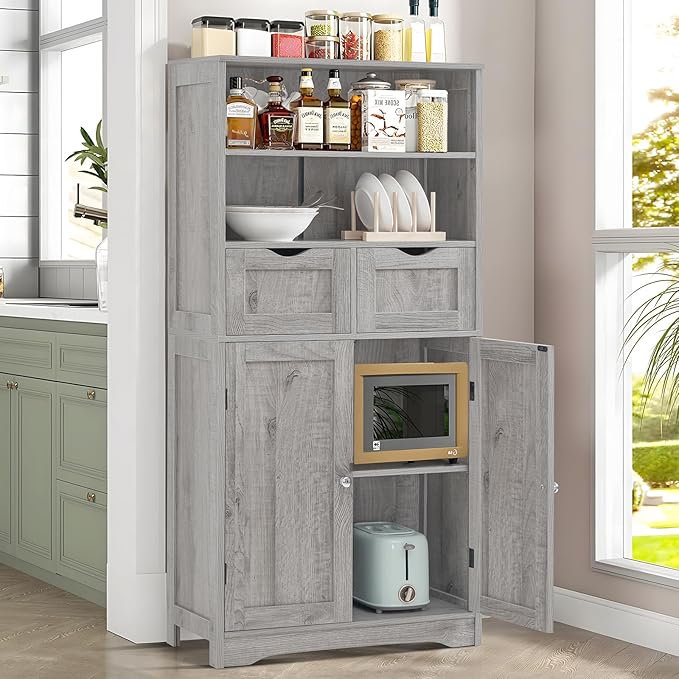 Iwell Storage Cabinet with 2 Drawers & Adjustable Shelf, Tall Bathroom Cabinet with Doors, Cupboard, Kitchen Cabinets for Liv