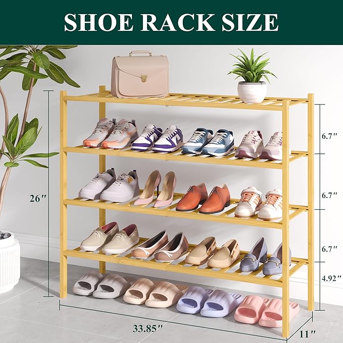 Smiry Bamboo Shoe Rack for Closet, 4 Tier Long Wooden Stackable Shoe Organizer, Free Standing Shoes Storage Shelf for Entrywa