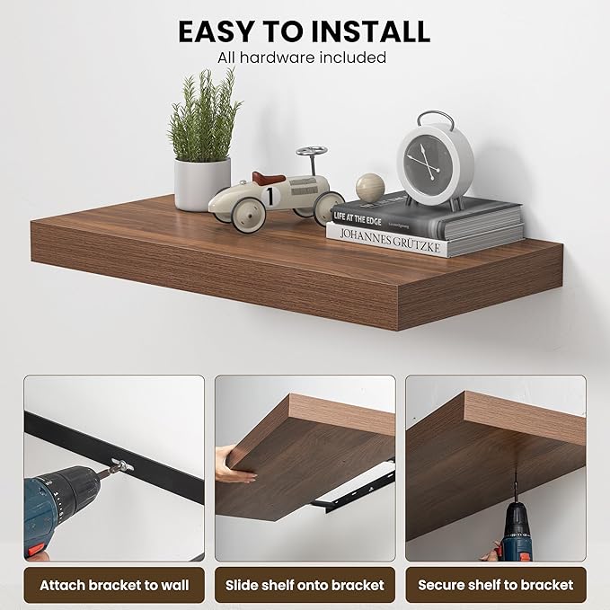Dreamland 55" Floating Shelves for Wall, 12" Deep Thicker Walnut Floating Shelves, Wall-Mounted Shelves for Bedroom, Living R