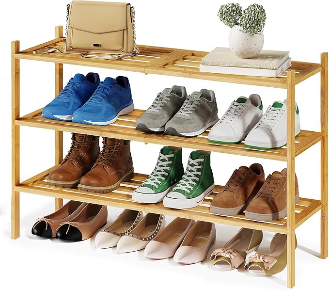 SONGMICS Bamboo Shoe Rack for Closet, Stackable Shoe Oragnizer with Modular Structure, Space-Saving Free Standing Shelf for E