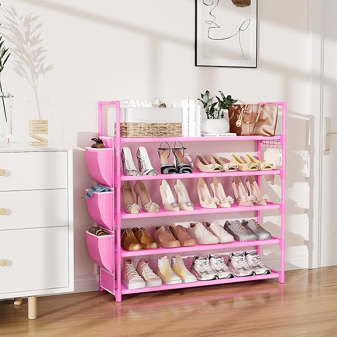 VILICK Shoe Rack for Closet Shoe Organizer Space Saver Storage for 20-25 Pair Shoe Shelf with Hook and Side Pocket Free Stand