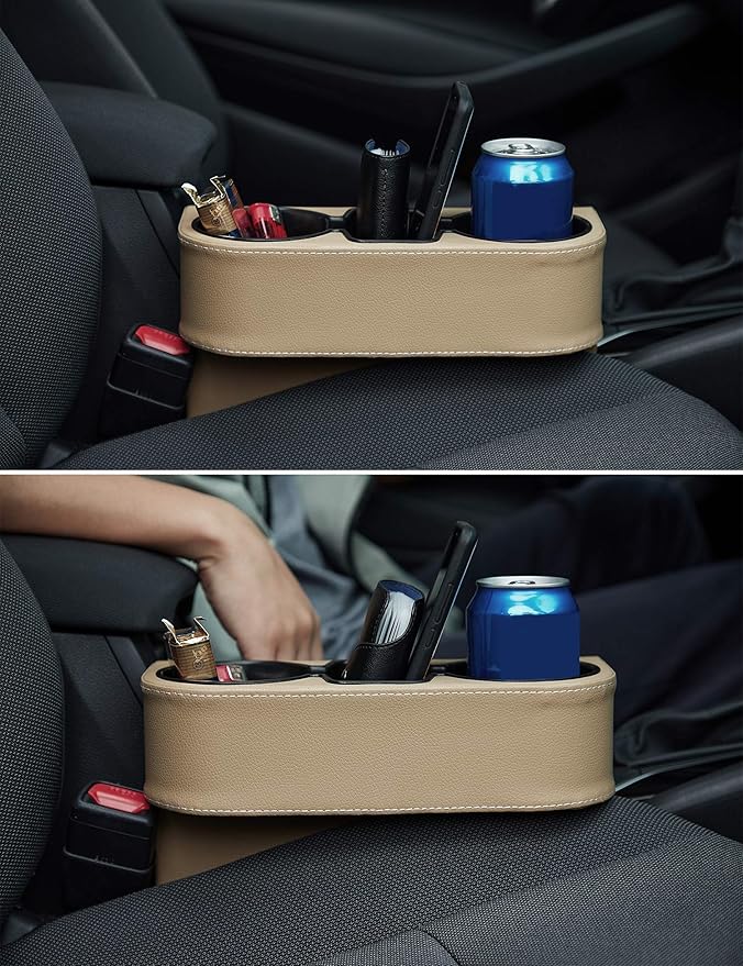 IOKONE Coin Side Pocket Console Side Pocket Leather Cover Car Cup Holder Auto Front Seat Organizer Cell Mobile Phone Holder (Beige)