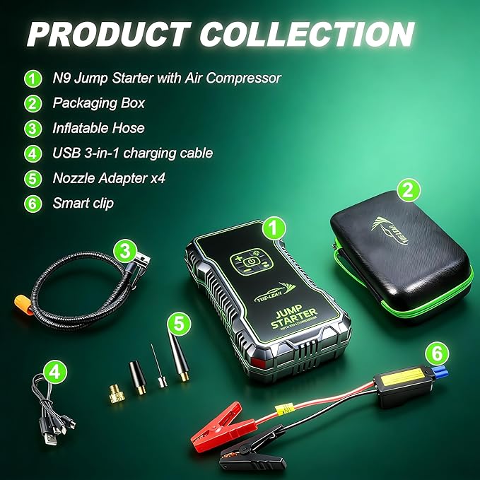K10A 1000A Jump Starter, Portable Car Battery Jump Starter with Air Compressor, 12V Lithium Battery Booster Pack, Power Bank