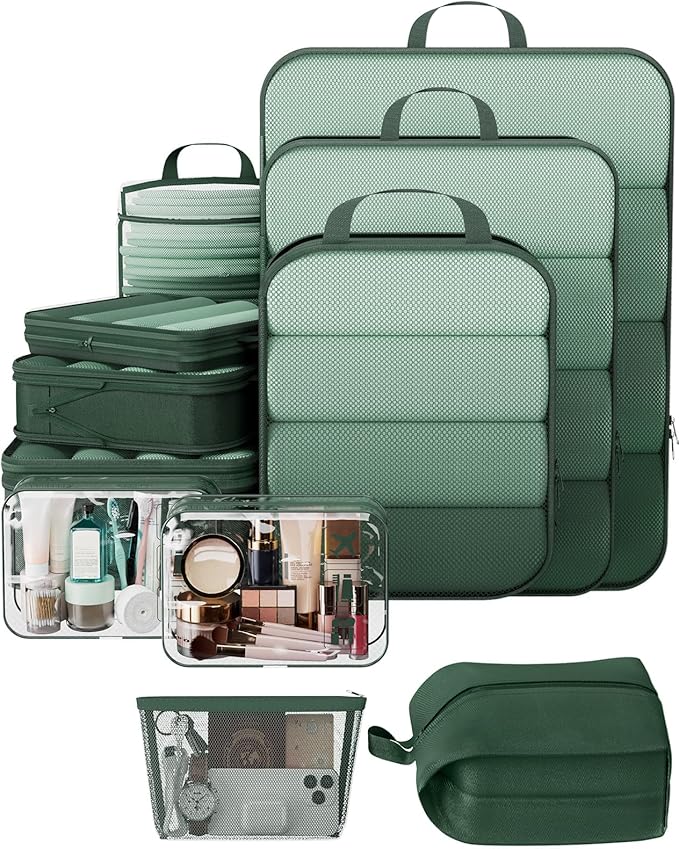 Veken 11 Set Compression Packing Cubes for Travel Essentials,Compressible Expandable Large Luggage Suitcase Organizer Bags fo