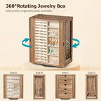 Emfogo 360° Rotating Jewelry Box for Women, Rustic Wooden Jewelry Organizer Box with 5 Drawers, Glass Doors, Vertical Open De