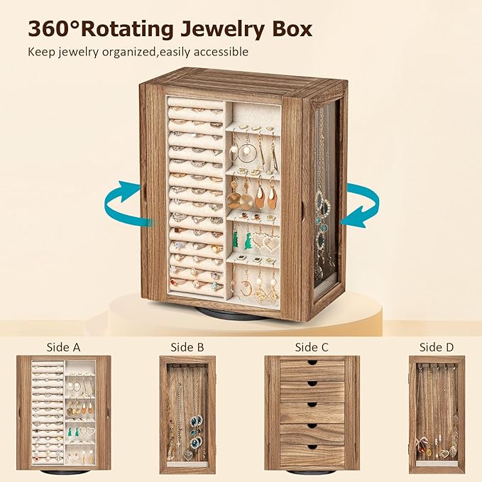 Emfogo 360° Rotating Jewelry Box for Women, Rustic Wooden Jewelry Organizer Box with 5 Drawers, Glass Doors, Vertical Open De