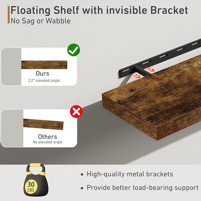 Deep Floating Shelves - 16" W x 9.3" D x 1.6" H Rustic Brown Wall Shelf - Wall Mounted Shelves for Decor & Storage - Wooden S