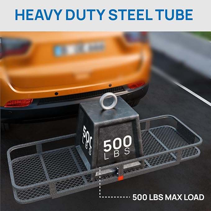 TUFFIOM 60"x20"x6" Folding Hitch Mount Cargo Carrier Basket, 500lbs Steel Car Cargo Trailer Hitch Luggage Rack with Net, Waterproof Cargo Bag, Straps & Stabilizer for SUV Car Truck Van