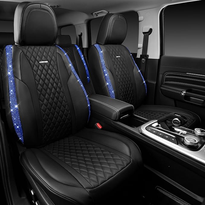 CAR PASS Nappa Leather seat Covers Bling Diamond Car Seat Covers Full Set Universal Cushioned, Waterproof Heavy-Duty Anti-Sli