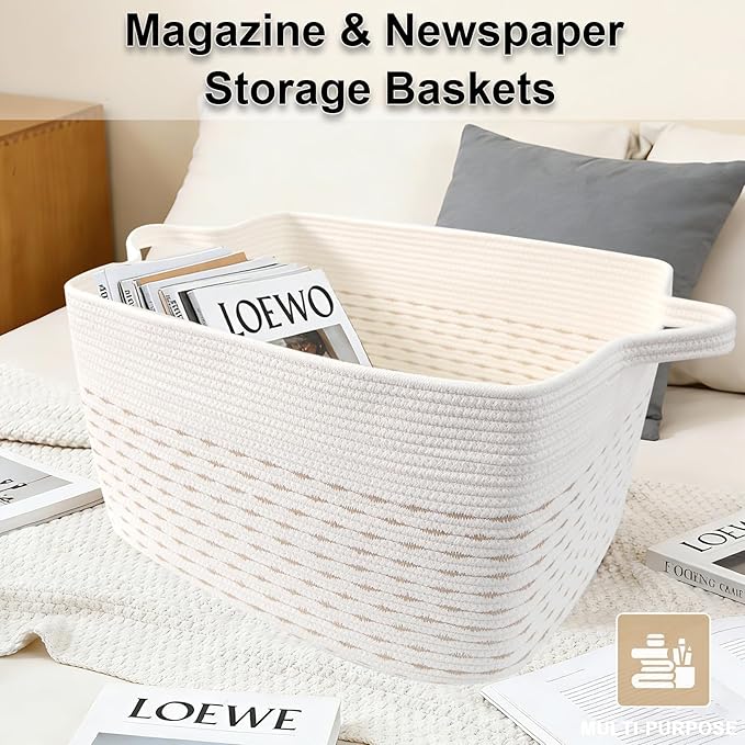65L Large Blanket Basket,21"x16"x12" Rectangle Storage Bin with Handles,Woven Rope Laundry Basket for Toys, Clothes,Pillows,M