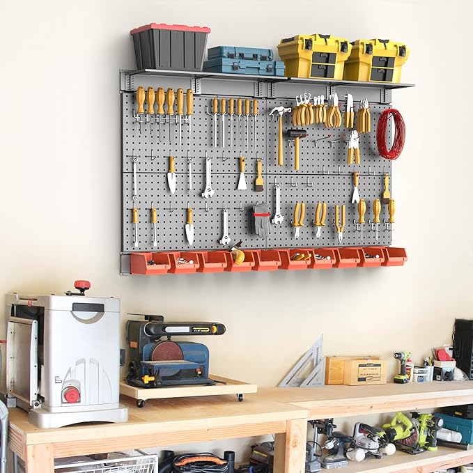 TORACK Metal Pegboard with Peg Board Hooks, Tools Storage Pegboard with Pegboard Hooks, Wall Mounted Storage Bins, Shelves, T