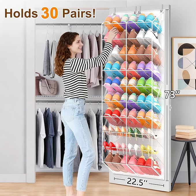 20-30 Pairs Over the Door Shoe Organizer, Transparent PVC Hanging Shoe Rack for Closet, 10-Tier Door Shoes Storage, Crystal-C