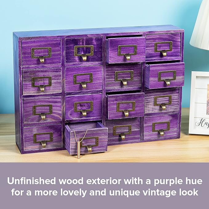 Purple 16-Slot Wooden Drawer Unit - Country Style Desk Organizer Box - 20"x3.6”x14” Wooden Storage Box w/ 16 Drawers - Counte