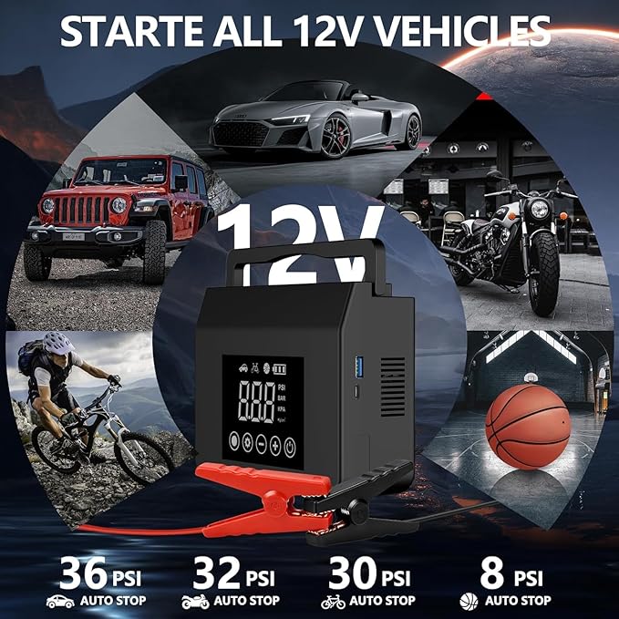 Jump Starter with Air Compressor, 4000A Car Battery Jump Starter(ALL Gas/8.0L Diesel) with 150PSI Tire Inflator 12V Car