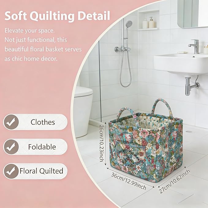 Quilted Laundry Basket with Handles - Multi-Purpose Fabric Storage Basket，Boho Fabric Storage Baskets with Handles for Car, H