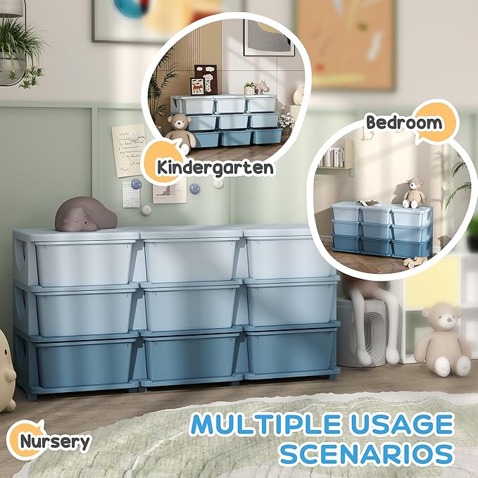 Qaba 3 Tier Kids Storage Unit, Toy Organizers and Storage with 9 Drawer Chest for Kids Bedroom Nursery Kindergarten Living Ro