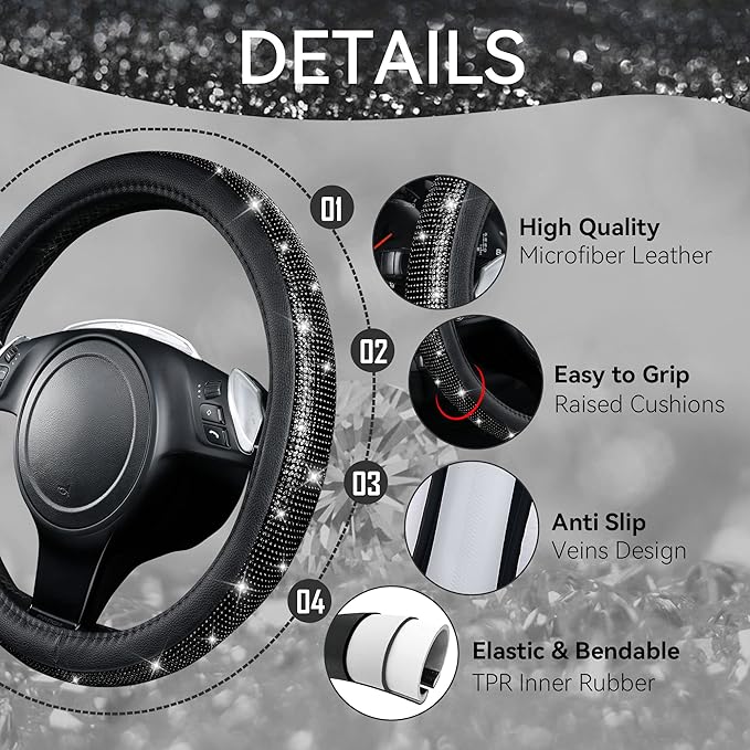 CAR PASS 11 PCS Bling Diamond Car Accessories for Women, Sparkly Rhinestone Steering Wheel Cover, Bling Seat Belt Cushion, Gl