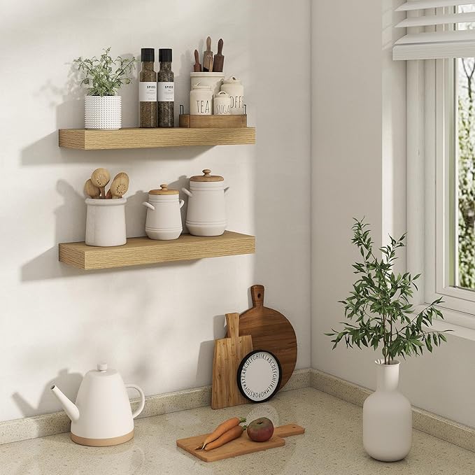 20 Inch Floating Shelves | 6.5 Inch Deep Oak Floating Shelves Set of 2 | 20" W x 6.5" D Rustic Oak Shelves with Invisible Bra
