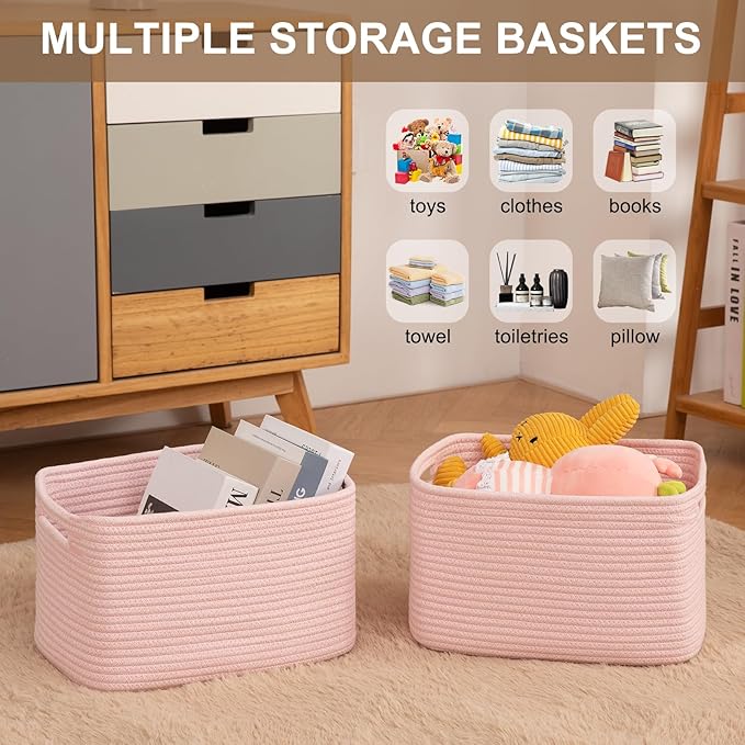 OIASKET Storage Baskets for Organizing, Woven Decorative Baskets for Shelves - Books, Towels, and Clothes, Cotton Rope Toy St