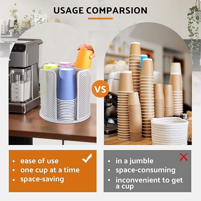 Rotating Paper Cup Dispenser, Cup Holder with 4 Compartments, Disposable Coffee Cup Dispenser Removable, Plastic Cup Storage 