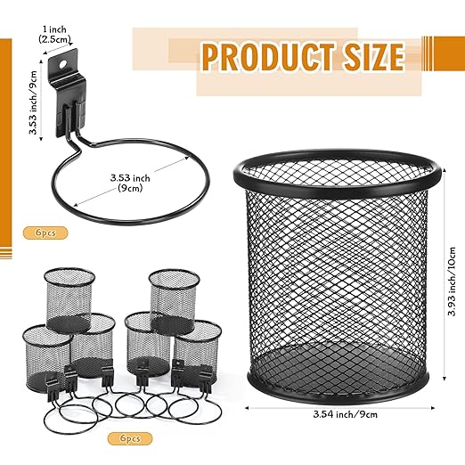 Colingmill 6 Set Slatwall Cups with Hook Black Metal Slatwall Organizer Accessories Slat Wall Basket Bin Pencil Mesh Wire Hol
