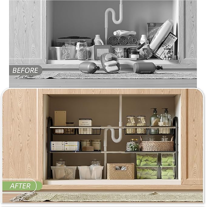 NETEL Under Sink Organizers and Storage, 2 Tier Expandable Under Cabinet Organizer Shelf with 4 Baskets and 4 Panels, Expanda