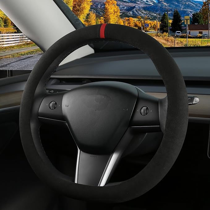 Suede Steering Wheel Cover for Tesla Model 3/Y, Anti Heat, Breathable, Anti-Slip,Leather Steering Wheel Cover 14-14 1/4 in (35.5-36 cm) (Black 01 with Red Mark)
