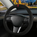 Suede Steering Wheel Cover for Tesla Model 3/Y, Anti Heat, Breathable, Anti-Slip,Leather Steering Wheel Cover 14-14 1/4 in (35.5-36 cm) (Black 01 with Red Mark)