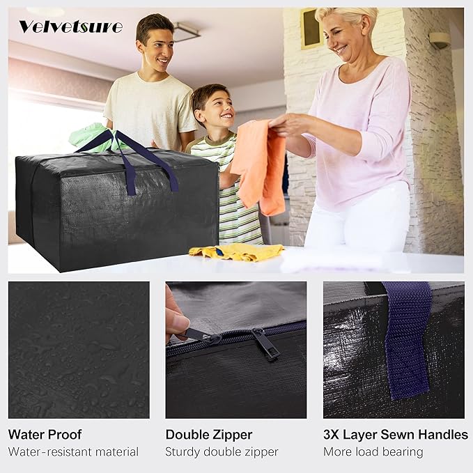 VELVETSURE Heavy Duty Extra Large Moving Bags W/Backpack Straps - Strong Handles & Zippers, Storage Totes For Space Saving, F
