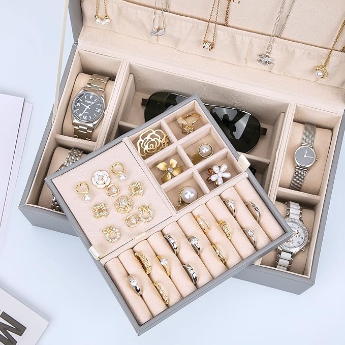 LANDICI Jewelry Box Organizer for Men Women, 2 Layer 4 Slot Watch Storage Case with Removable Tray, PU Leather Large Jeweller