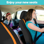 FH Group Unique Flat Cloth Full Set Car Seat Covers w. Silicone Steering Wheel Cover- Universal Fit for Most Cars, Trucks, SUVs or Vans (Orange/Black)