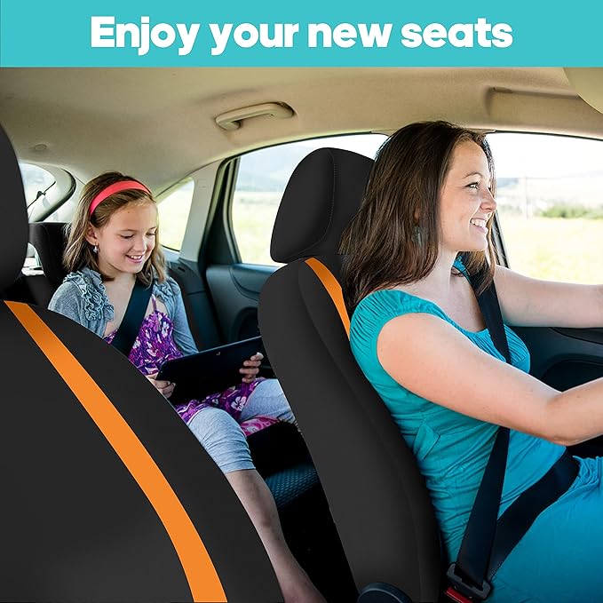 FH Group Unique Flat Cloth Full Set Car Seat Covers w. Silicone Steering Wheel Cover- Universal Fit for Most Cars, Trucks, SUVs or Vans (Orange/Black)