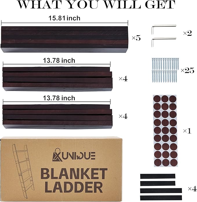XUNIQUE 5-Tier Blanket Ladder for The Living Room, 4.8 FT Anti-Slip Decorative Ladder Shelf Leaning Quilt Rack, Lightweight, 