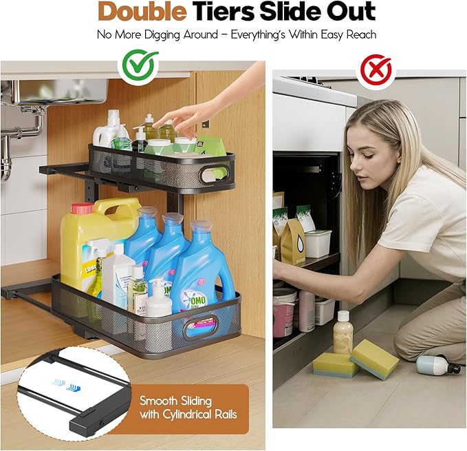 2 Pack 15.7IN-Depth Under Sink Organizer With Smooth Cylindrical Rail,2-Tier Pull Out Multi-Purpose Cabinet Storage for Bathr