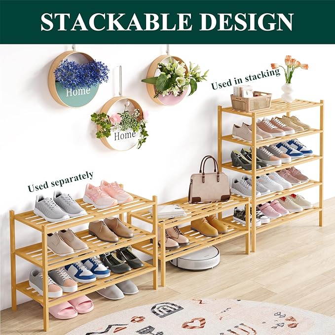 Smiry Bamboo Shoe Rack 3-Tier, Stackable Wooden Shoe Organizer for Entryway & Closet, Free Standing Wood Shoe Storage Shelf f
