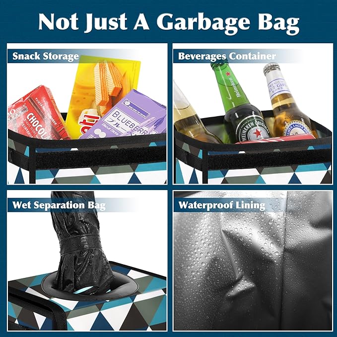 Femuar Car Trash Can with Lid - Leak Proof, Waterproof, Multipurpose Car Hanging for Headrest, Collapsible and Portable with Storage Mesh Pocket, Triangle