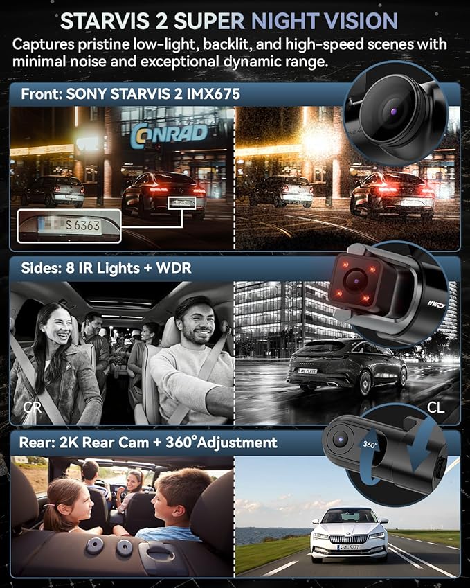 IIWEY 4 Channel Dash Cam 360° View, STARVIS 2 Front 2.7K Rear 2K Inside 1080P x2, 8IR LEDs Night Vision 3.0, PlateTag AI for 