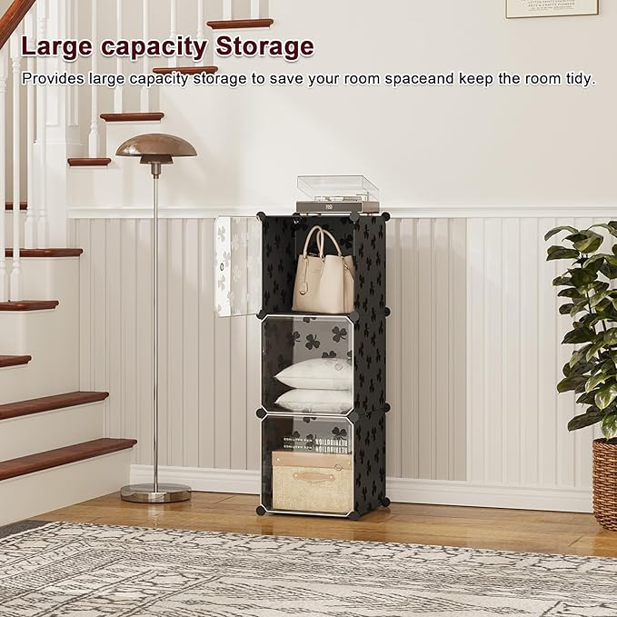 C&AHOME Cube Storage Organizer with Doors, 3-Cube Shelves, DIY Plastic Modular Bookshelf, Closet Clothes Storage Shelving Ide