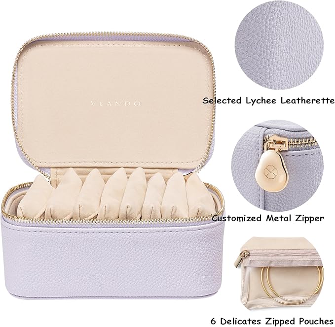 VLANDO Travel Jewelry Box Organizer – Portable PU Leather Jewelry Case with 6/8/12 Zippered Pouches, Compact Storage for Earr