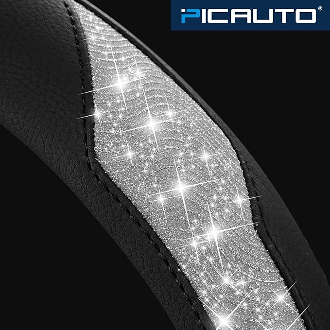 PIC AUTO Steering Wheel Cover, Silver Sparkly Crystal Bling Glitter with Leather, Universal Fit 14.5"-15.5" Car Steering Whee