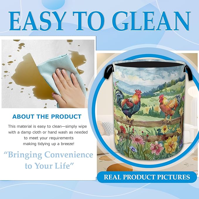 Rooster Laundry Hamper Farm Floral Laundry Basket Collapsible Portable Clothes Toy Storage Bin for Bathroom Bedroom Room Deco